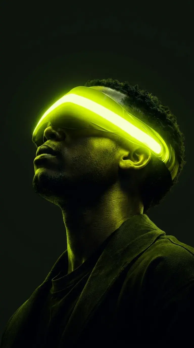 Render 3D fotorrealista de una persona mirando hacia arriba con gafas AR/VR futuristas que proyectan un resplandor neón verde lima